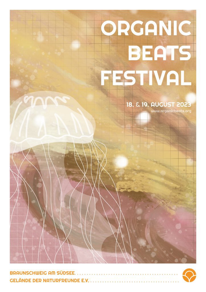 Das Plakat für das diesjährige Organic Beats Festival, abgekürzt als OBF23. Das Design für 2023 mit Qualle.